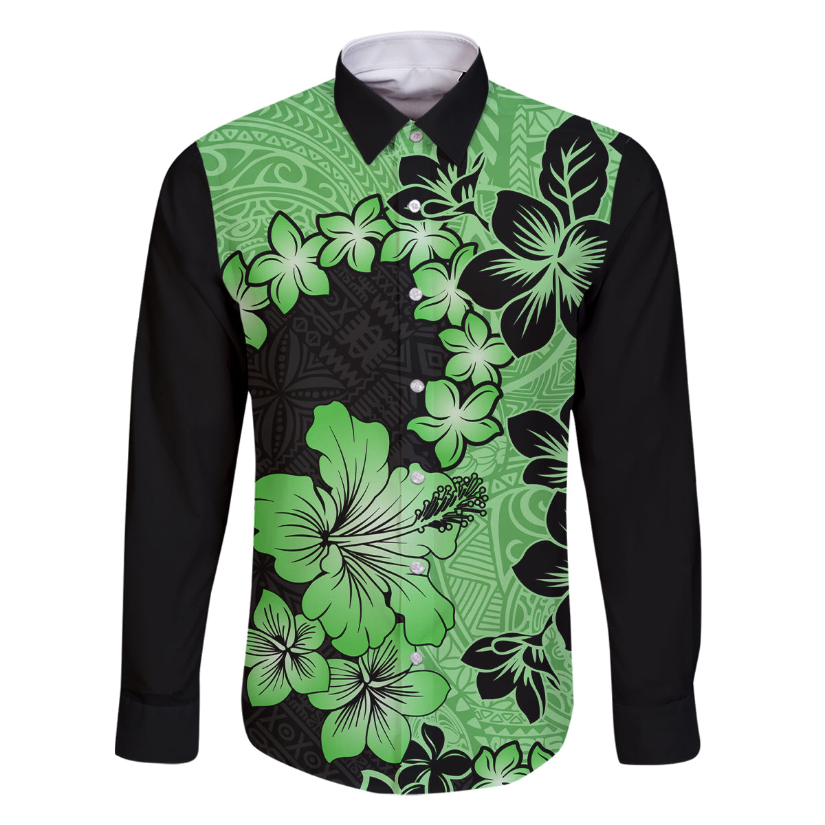 Green Hawaii Family Matching Off Shoulder Maxi Dress and Hawaiian Shirt Tapa Cloth Mix Tropical Flowers Pastel Vibes LT14 Dad's Shirt - Long Sleeve Green - Polynesian Pride