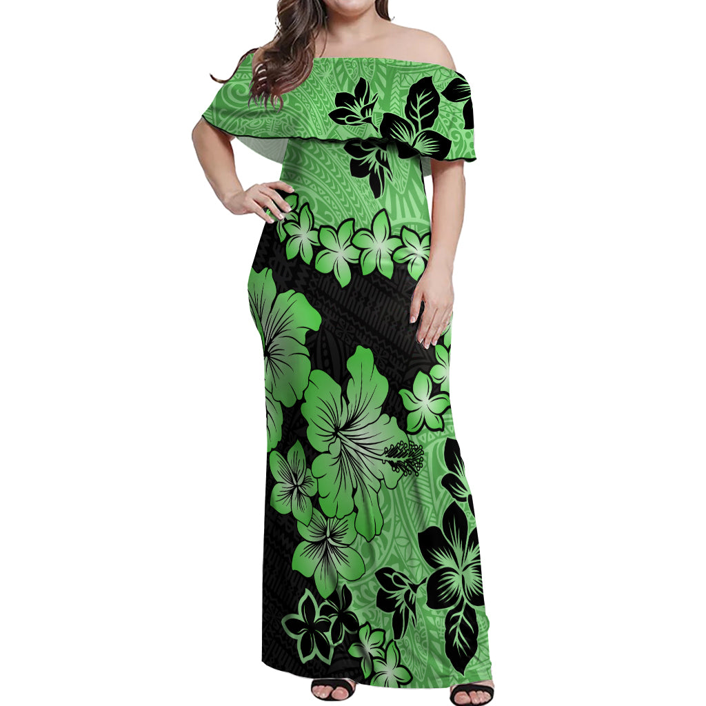 Green Hawaii Off Shoulder Maxi Dress Tapa Cloth Mix Tropical Flowers Pastel Vibes LT14 Women Green - Polynesian Pride