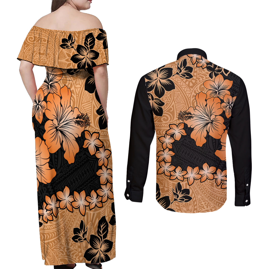 Orange Hawaii Couples Matching Off Shoulder Maxi Dress and Long Sleeve Button Shirt Tapa Cloth Mix Tropical Flowers Pastel Vibes LT14 - Polynesian Pride