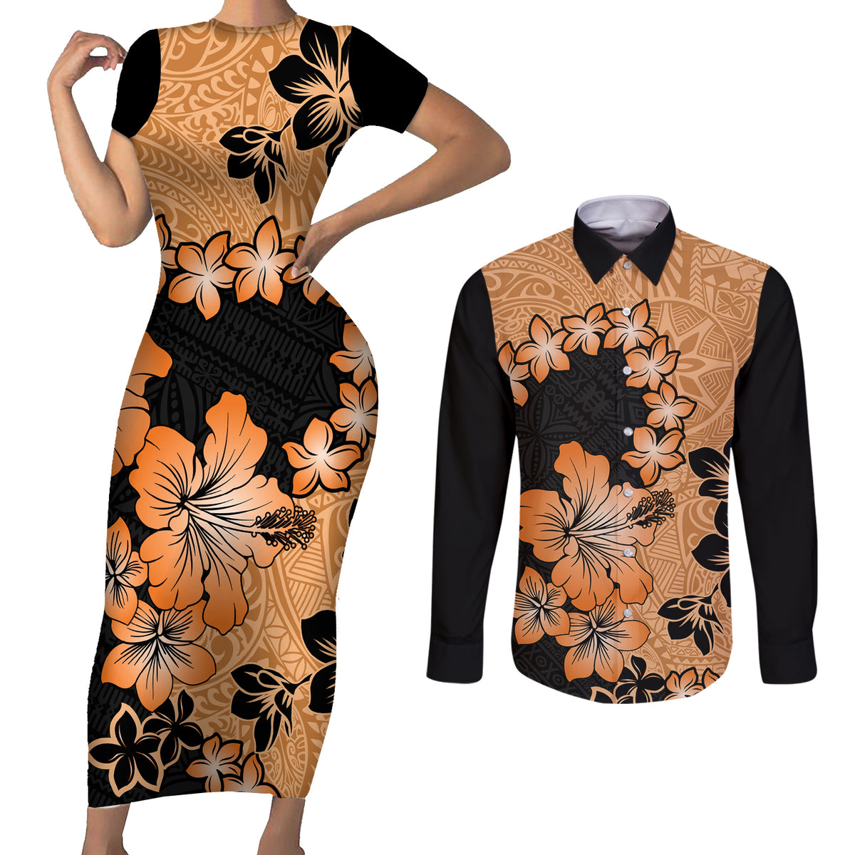 Orange Hawaii Couples Matching Short Sleeve Bodycon Dress and Long Sleeve Button Shirt Tapa Cloth Mix Tropical Flowers Pastel Vibes LT14 Orange - Polynesian Pride