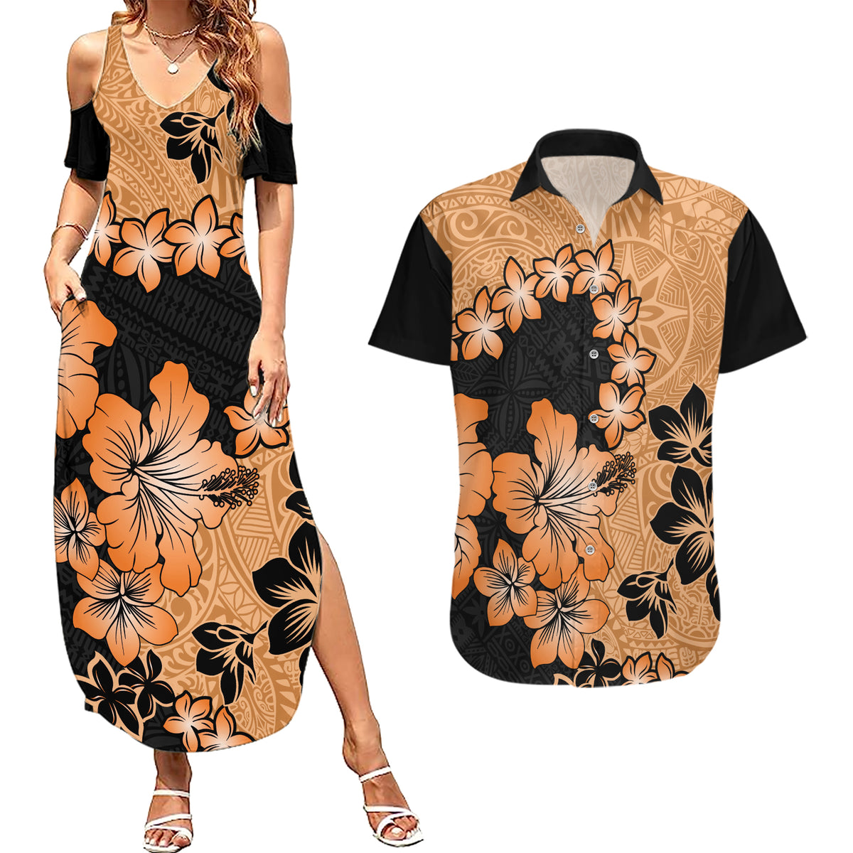Orange Hawaii Couples Matching Summer Maxi Dress and Hawaiian Shirt Tapa Cloth Mix Tropical Flowers Pastel Vibes LT14 Orange - Polynesian Pride