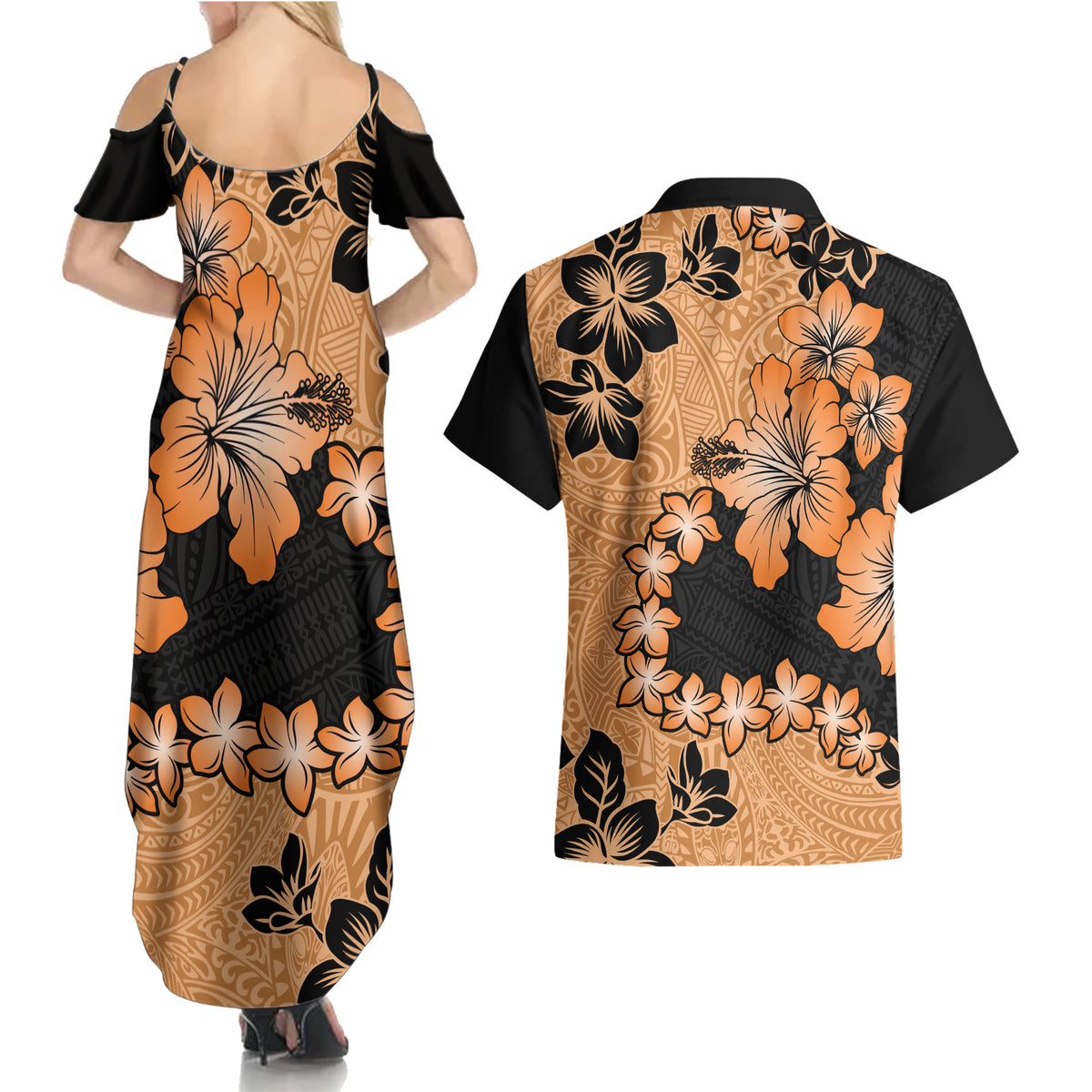 Orange Hawaii Couples Matching Summer Maxi Dress and Hawaiian Shirt Tapa Cloth Mix Tropical Flowers Pastel Vibes LT14 - Polynesian Pride