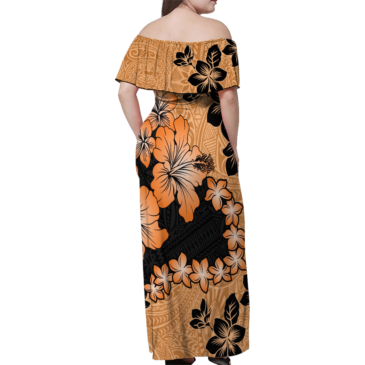 orange hawaiian dress Orange Hawaii Family Matching Off Shoulder Maxi Dress and Hawaiian Shirt Tapa Cloth Mix Tropical Flowers Pastel Vibes
