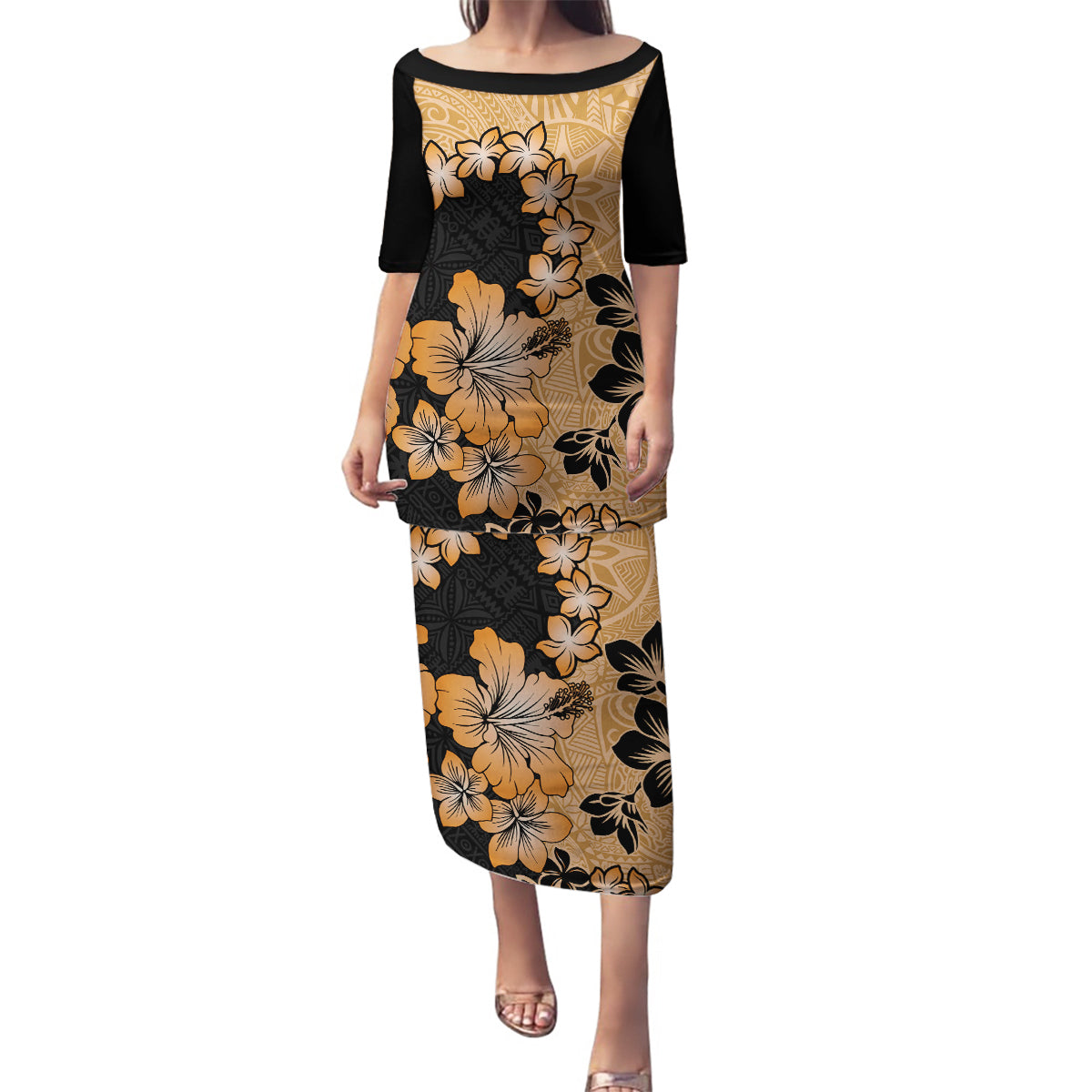 Orange Hawaii Family Matching Puletasi Dress and Hawaiian Shirt Tapa Cloth Mix Tropical Flowers Pastel Vibes LT14 Mom's Dress Orange - Polynesian Pride