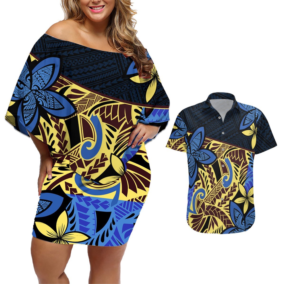 Polynesia Fabric Couples Matching Off Shoulder Short Dress and Hawaiian Shirt Polynesian Tribal With Frangipani Flowers LT14 Blue - Polynesian Pride