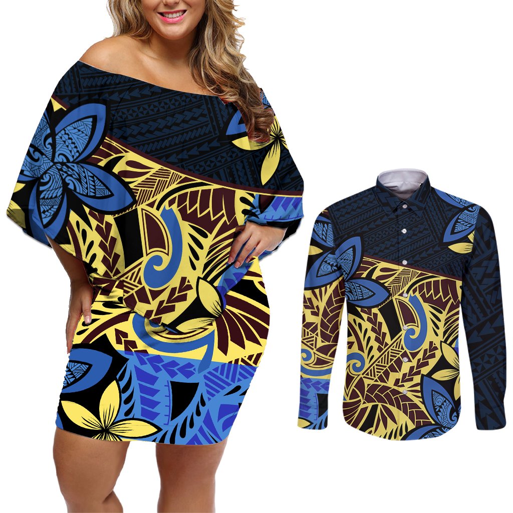 Polynesia Fabric Couples Matching Off Shoulder Short Dress and Long Sleeve Button Shirt Polynesian Tribal With Frangipani Flowers LT14 Blue - Polynesian Pride