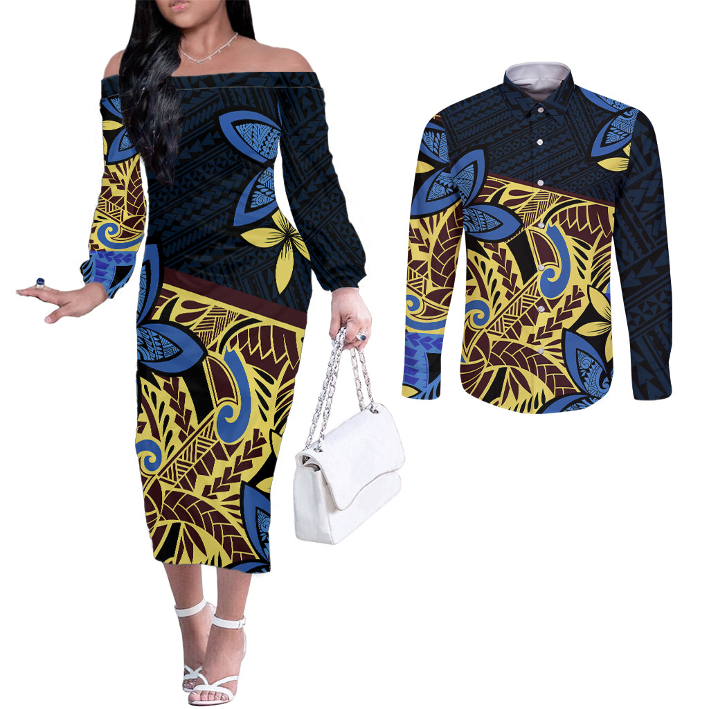 Polynesia Fabric Couples Matching Off The Shoulder Long Sleeve Dress and Long Sleeve Button Shirt Polynesian Tribal With Frangipani Flowers LT14 Blue - Polynesian Pride