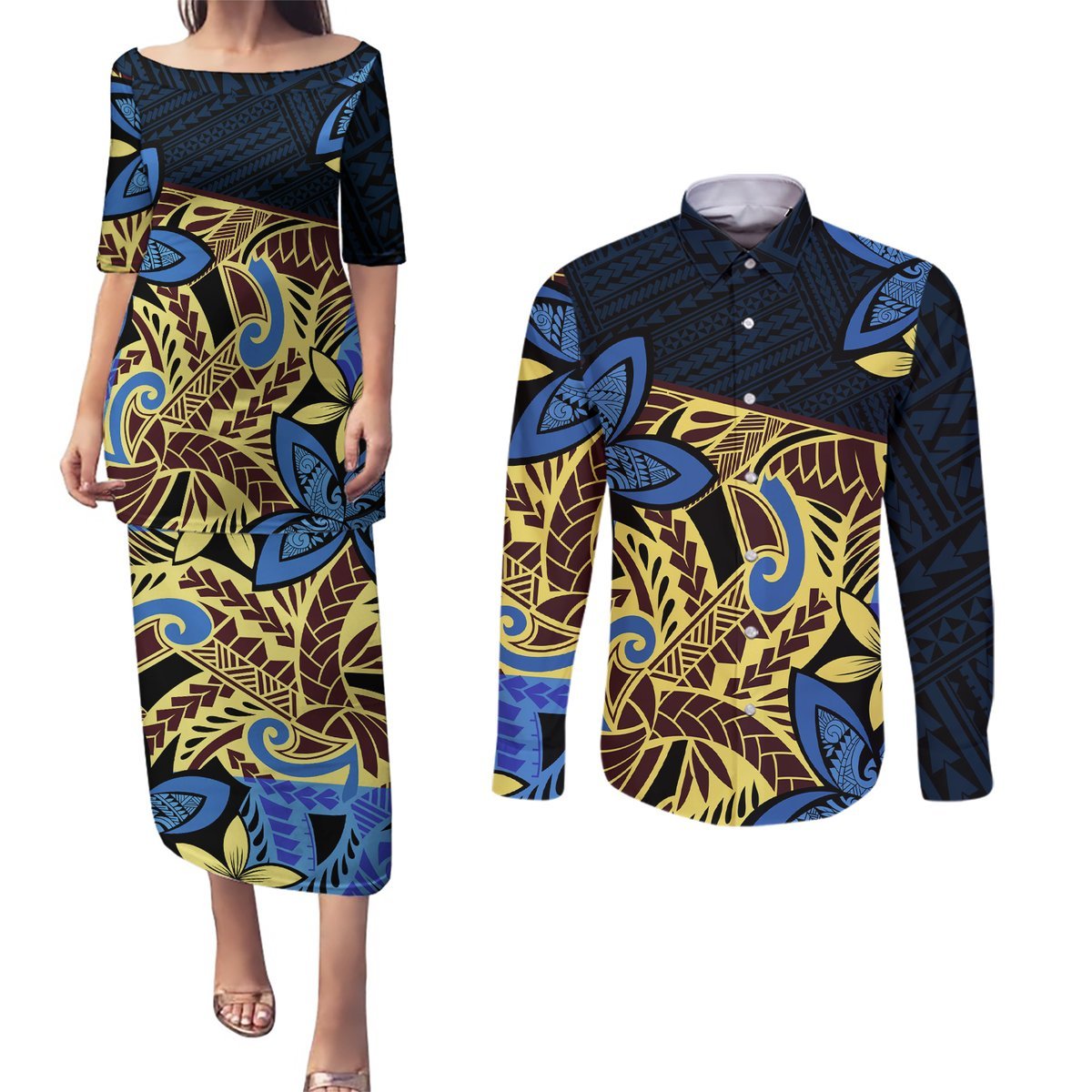 Polynesia Fabric Couples Matching Puletasi Dress and Long Sleeve Button Shirt Polynesian Tribal With Frangipani Flowers LT14 Blue - Polynesian Pride