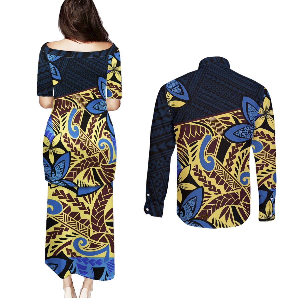 Polynesia Fabric Couples Matching Puletasi Dress and Long Sleeve Button Shirt Polynesian Tribal With Frangipani Flowers LT14 - Polynesian Pride
