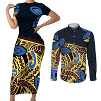 Polynesia Fabric Couples Matching Short Sleeve Bodycon Dress and Long Sleeve Button Shirt Polynesian Tribal With Frangipani Flowers LT14 Blue - Polynesian Pride
