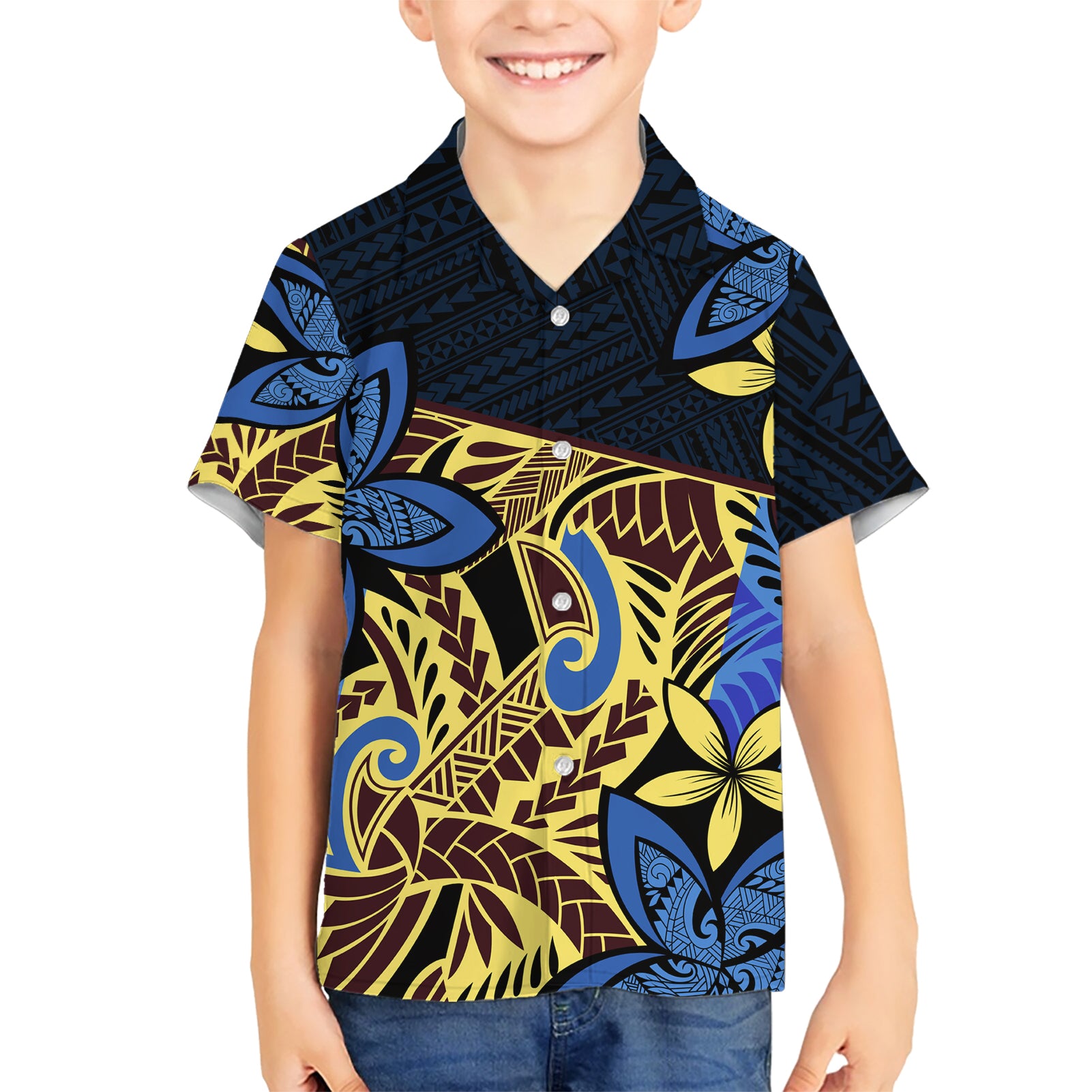 Polynesia Fabric Kid Hawaiian Shirt Polynesian Tribal With Frangipani Flowers LT14 Kid Blue - Polynesian Pride