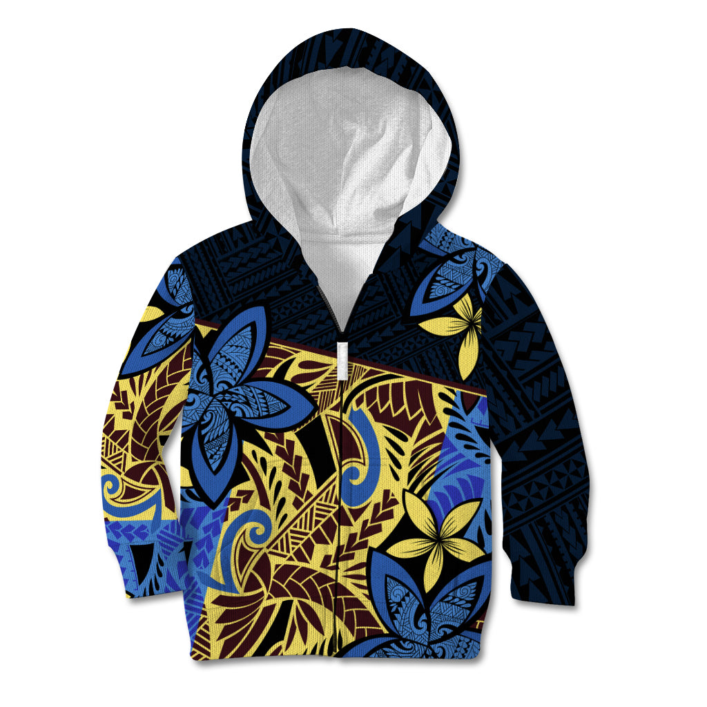 Polynesia Fabric Kid Hoodie Polynesian Tribal With Frangipani Flowers LT14 Zip Hoodie Blue - Polynesian Pride