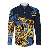 Polynesia Fabric Long Sleeve Button Shirt Polynesian Tribal With Frangipani Flowers LT14 Unisex Blue - Polynesian Pride