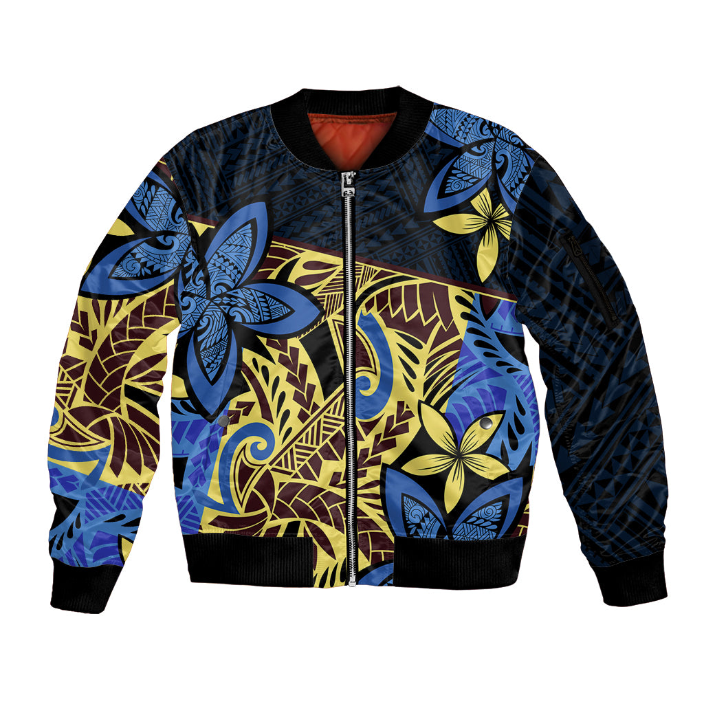 Polynesia Fabric Sleeve Zip Bomber Jacket Polynesian Tribal With Frangipani Flowers LT14 Unisex Blue - Polynesian Pride