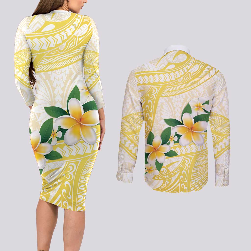 Gold And White Polynesia Plumeria Couples Matching Long Sleeve Bodycon Dress and Long Sleeve Button Shirt Curves Tropical Vibes