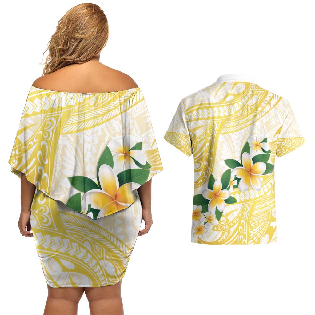 Gold And White Polynesia Plumeria Couples Matching Off Shoulder Short Dress and Hawaiian Shirt Curves Tropical Vibes