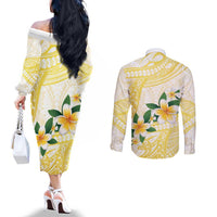 Gold And White Polynesia Plumeria Couples Matching Off The Shoulder Long Sleeve Dress and Long Sleeve Button Shirt Curves Tropical Vibes