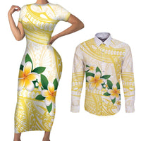 Gold And White Polynesia Plumeria Couples Matching Short Sleeve Bodycon Dress and Long Sleeve Button Shirt Curves Tropical Vibes