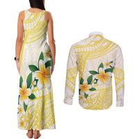 Gold And White Polynesia Plumeria Couples Matching Tank Maxi Dress and Long Sleeve Button Shirt Curves Tropical Vibes