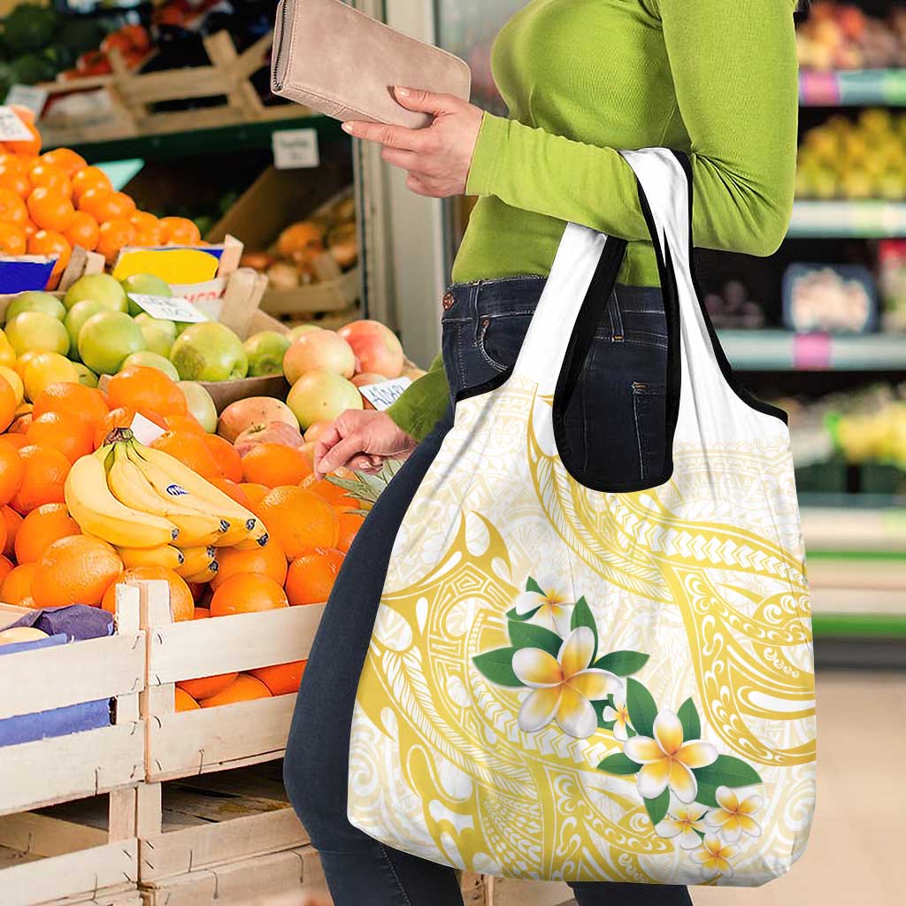 Gold And White Polynesia Plumeria Grocery Bag Curves Tropical Vibes