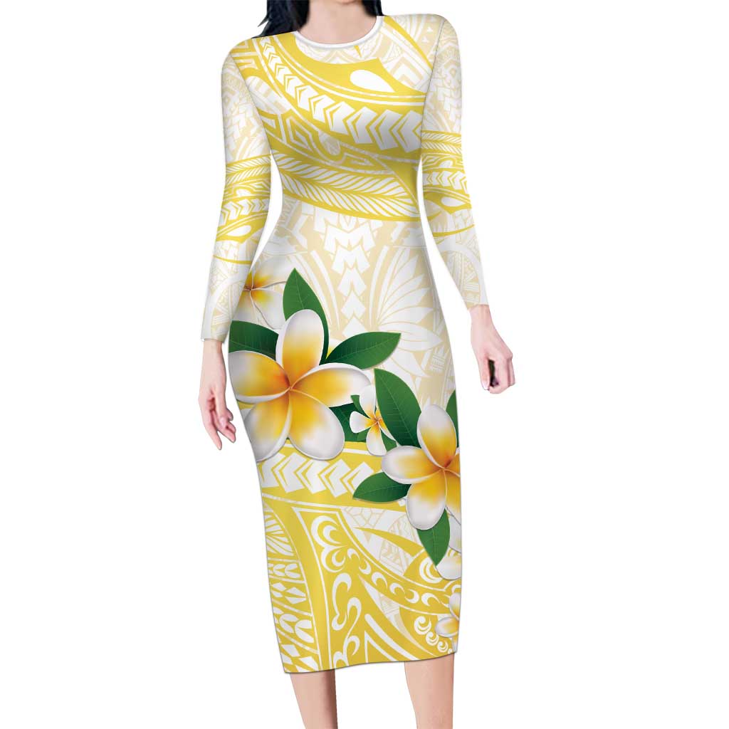 Gold And White Polynesia Plumeria Long Sleeve Bodycon Dress Curves Tropical Vibes LT14 Long Dress Gold - Polynesian Pride