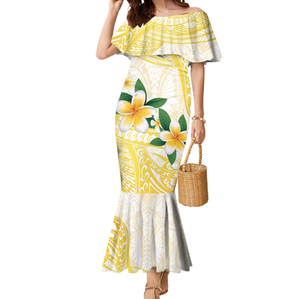 Gold And White Polynesia Plumeria Mermaid Dress Curves Tropical Vibes LT14 Women Gold - Polynesian Pride