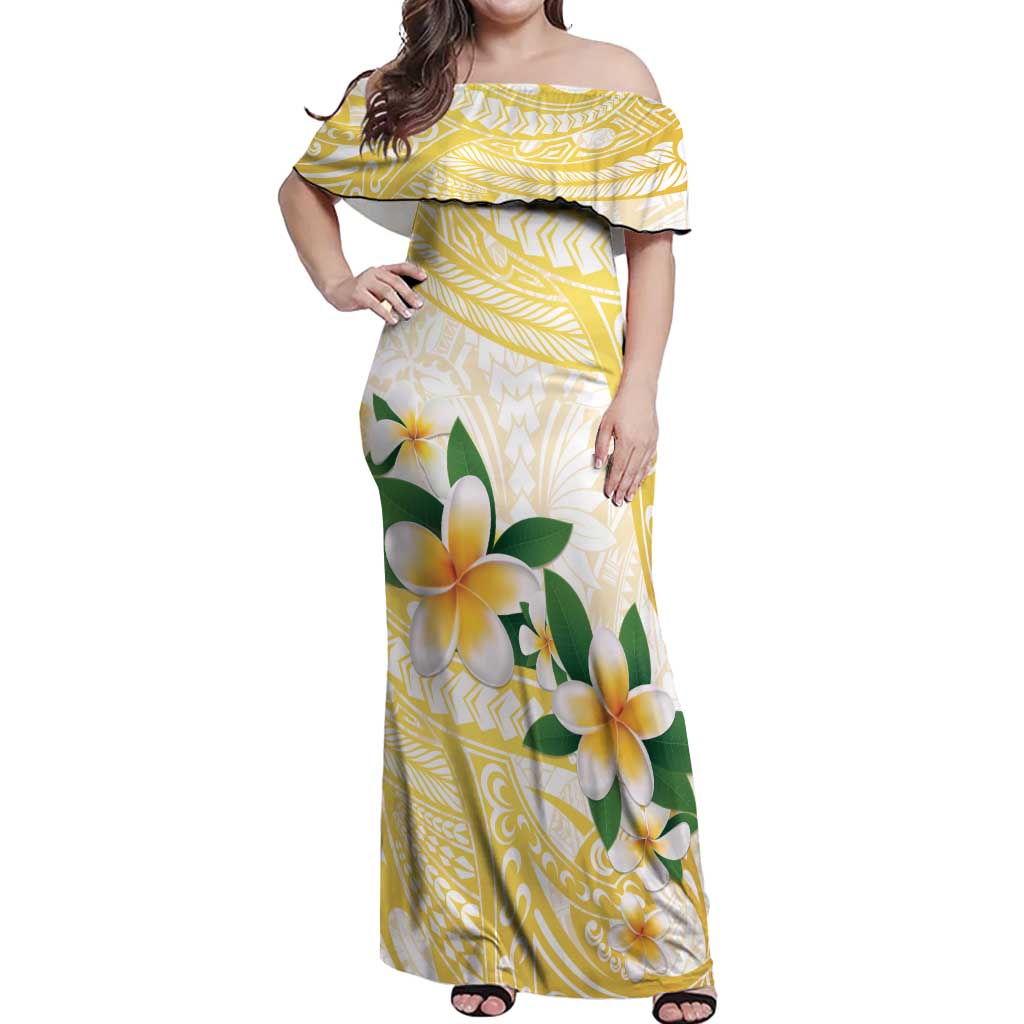Gold And White Polynesia Plumeria Off Shoulder Maxi Dress Curves Tropical Vibes LT14 Women Gold - Polynesian Pride