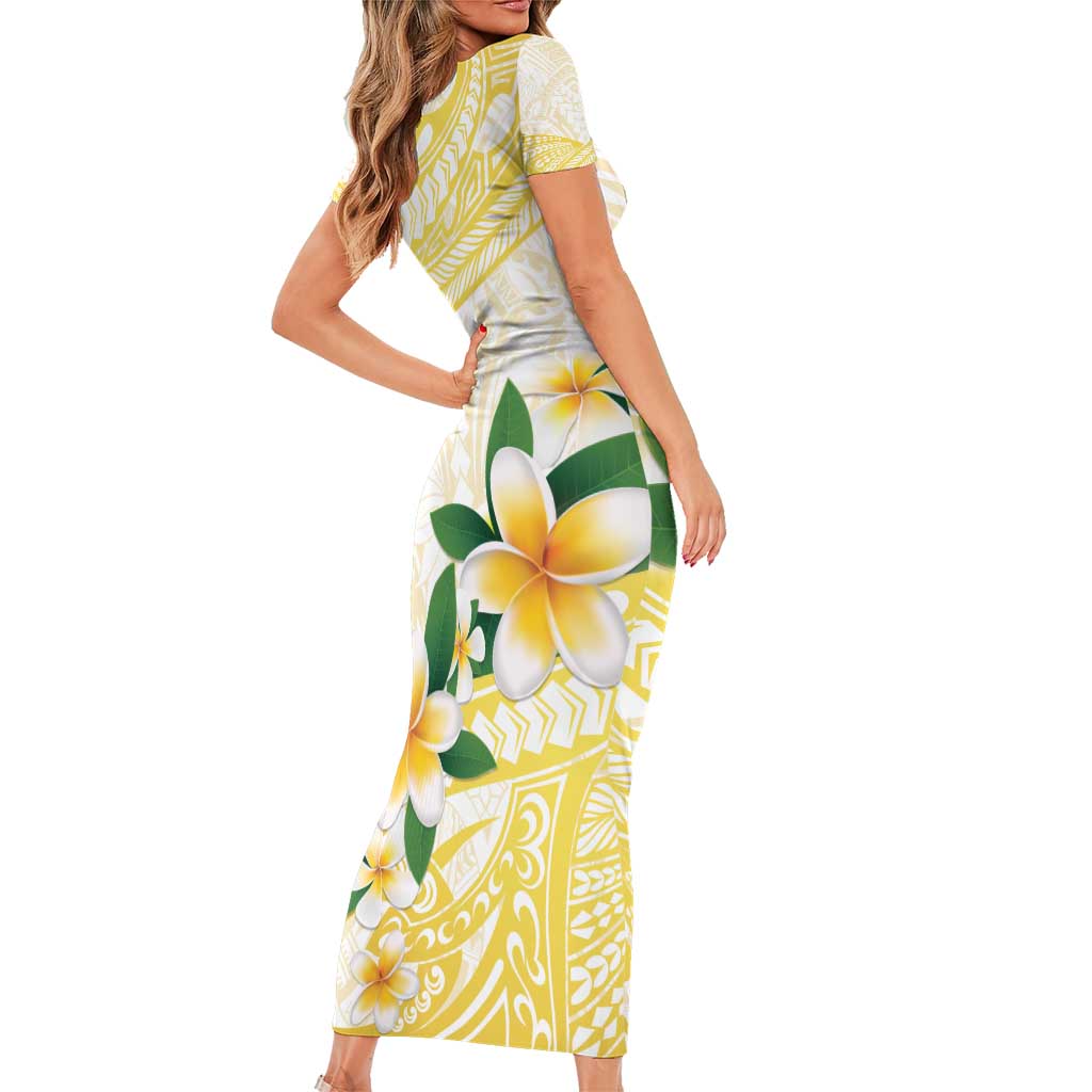 Gold And White Polynesia Plumeria Short Sleeve Bodycon Dress Curves Tropical Vibes LT14 - Polynesian Pride