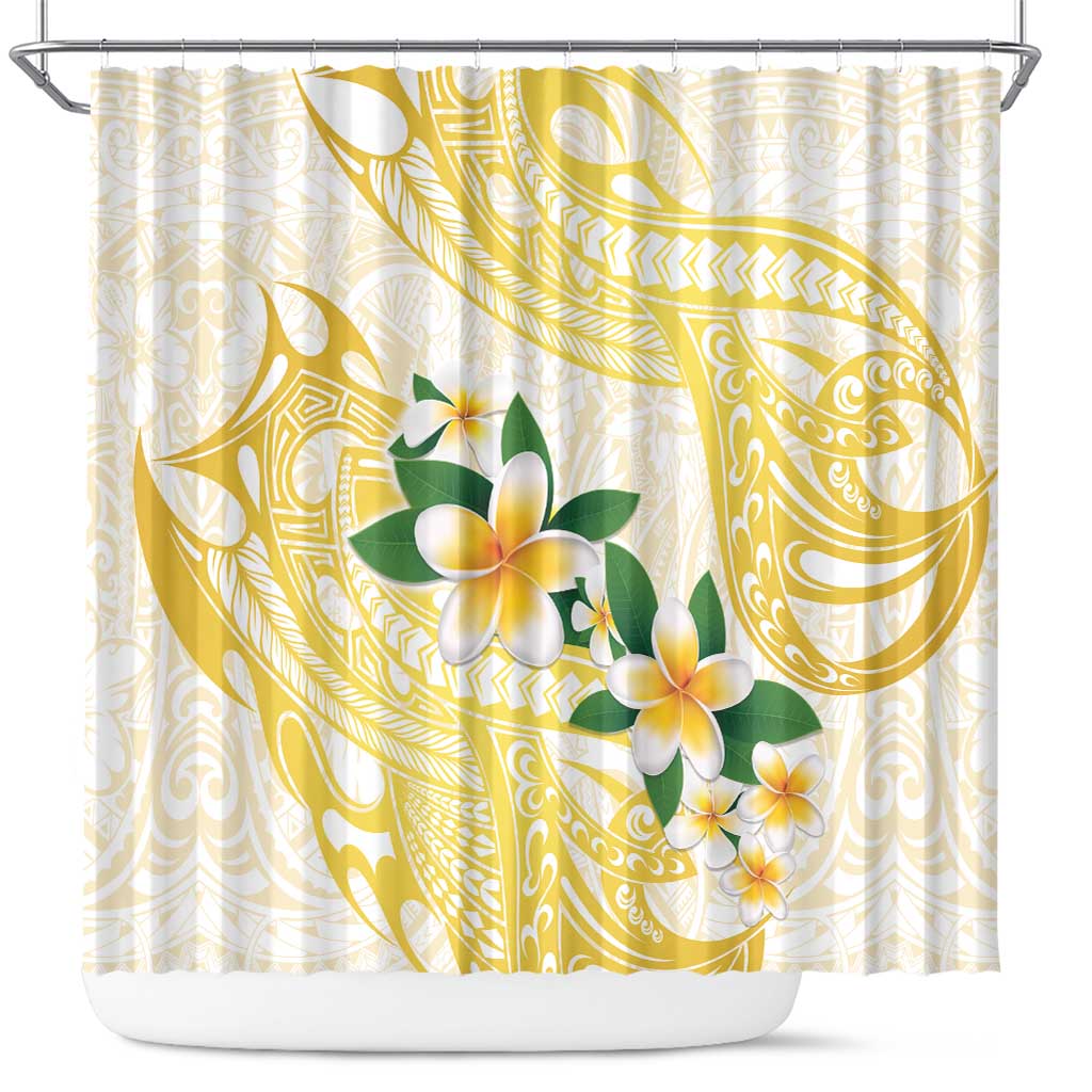 Gold And White Polynesia Plumeria Shower Curtain Curves Tropical Vibes LT14 Gold - Polynesian Pride