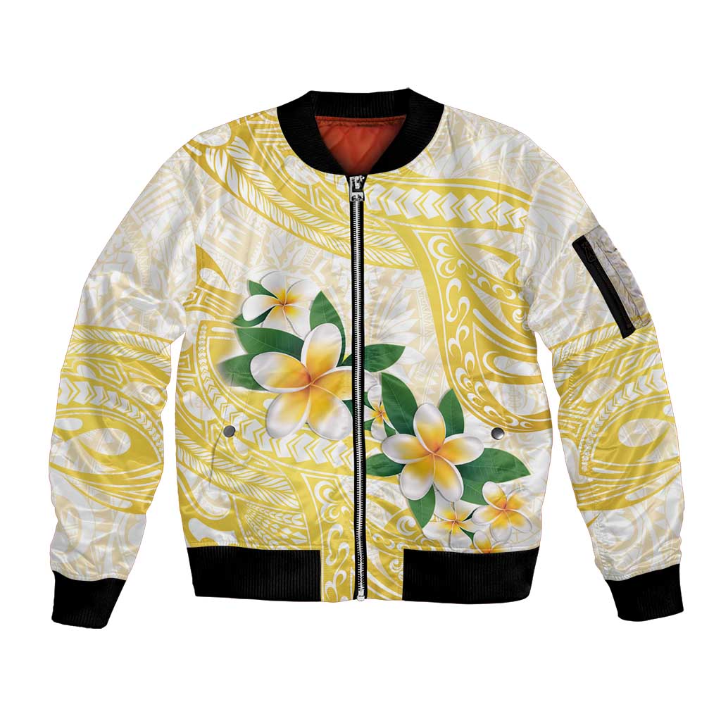 Gold And White Polynesia Plumeria Sleeve Zip Bomber Jacket Curves Tropical Vibes LT14 Unisex Gold - Polynesian Pride