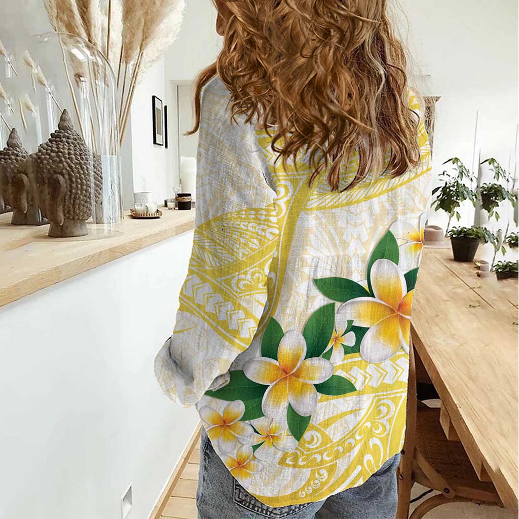Gold And White Polynesia Plumeria Women Casual Shirt Curves Tropical Vibes
