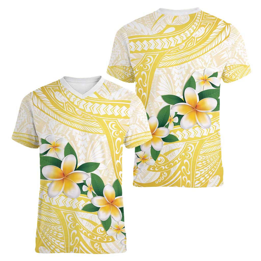 Gold And White Polynesia Plumeria Women V-Neck T-Shirt Curves Tropical Vibes