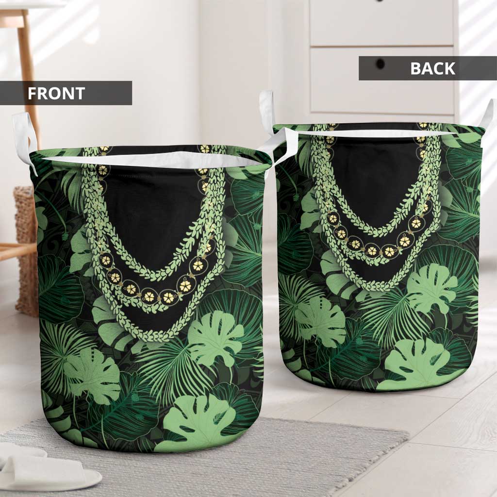Green Hawaii Kukui Nut Lei Laundry Basket Hawaiian Pattern Monstera Tropical Vibes - Polynesian Pride