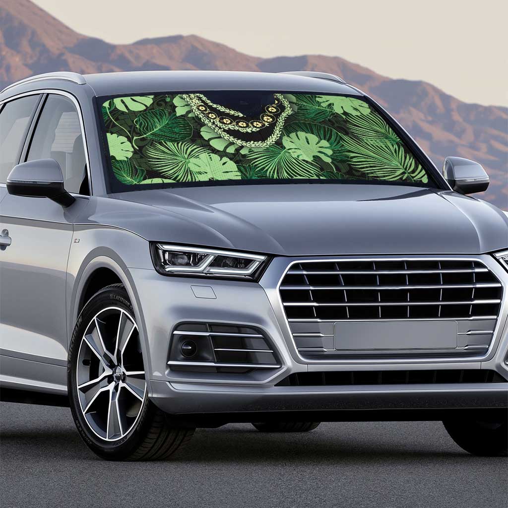 Green Hawaii Kukui Nut Lei Auto Sun Shade Hawaiian Pattern Monstera Tropical Vibes - Polynesian Pride