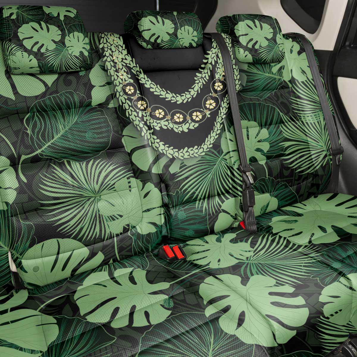 Green Hawaii Kukui Nut Lei Back Car Seat Cover Hawaiian Pattern Monstera Tropical Vibes - Polynesian Pride