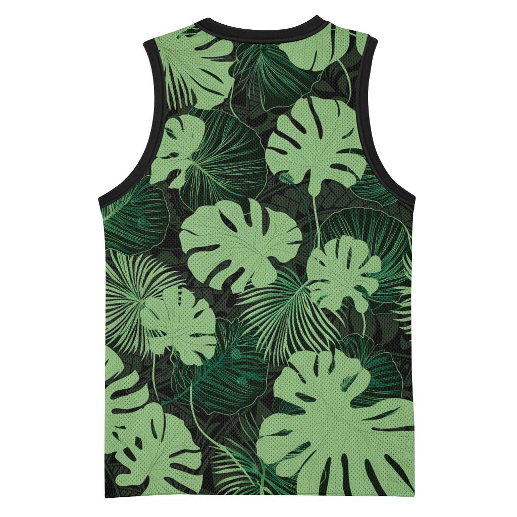 Green Hawaii Kukui Nut Lei Basketball Jersey Hawaiian Pattern Monstera Tropical Vibes - Polynesian Pride