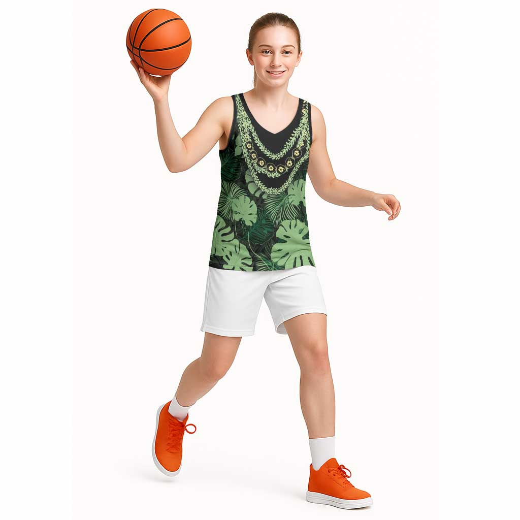 Green Hawaii Kukui Nut Lei Basketball Jersey Hawaiian Pattern Monstera Tropical Vibes - Polynesian Pride
