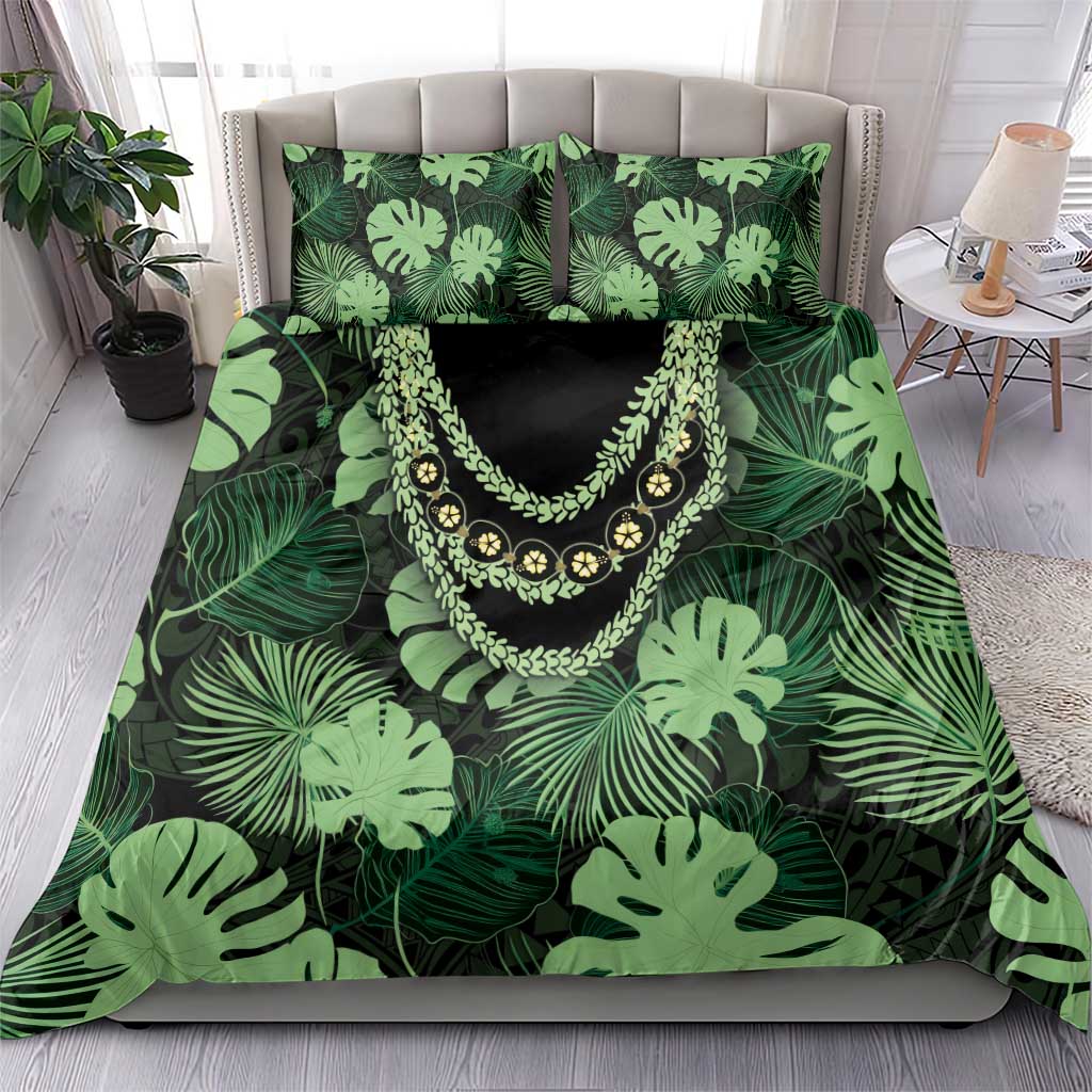 Green Hawaii Kukui Nut Lei Bedding Set Hawaiian Pattern Monstera Tropical Vibes - Polynesian Pride