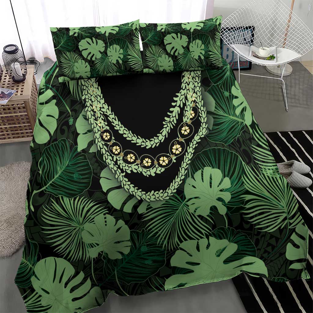 Green Hawaii Kukui Nut Lei Bedding Set Hawaiian Pattern Monstera Tropical Vibes - Polynesian Pride