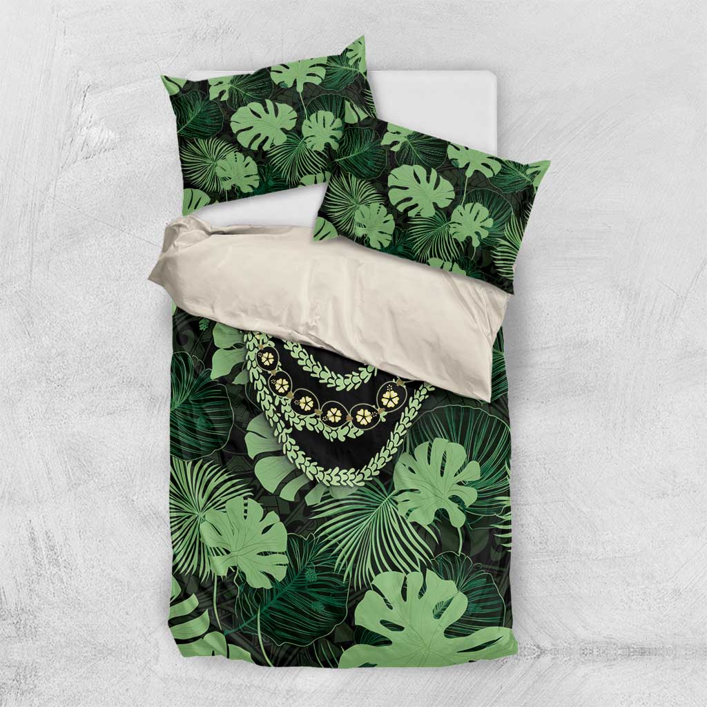 Green Hawaii Kukui Nut Lei Bedding Set Hawaiian Pattern Monstera Tropical Vibes - Polynesian Pride