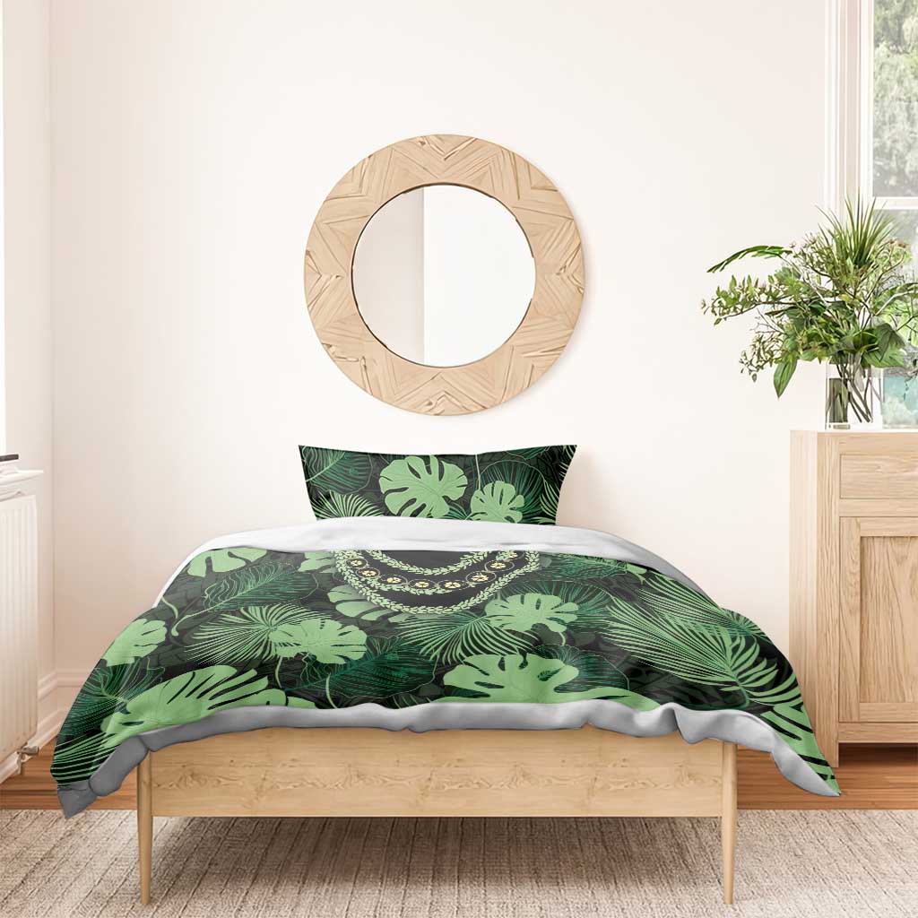 Green Hawaii Kukui Nut Lei Bedding Set Hawaiian Pattern Monstera Tropical Vibes - Polynesian Pride