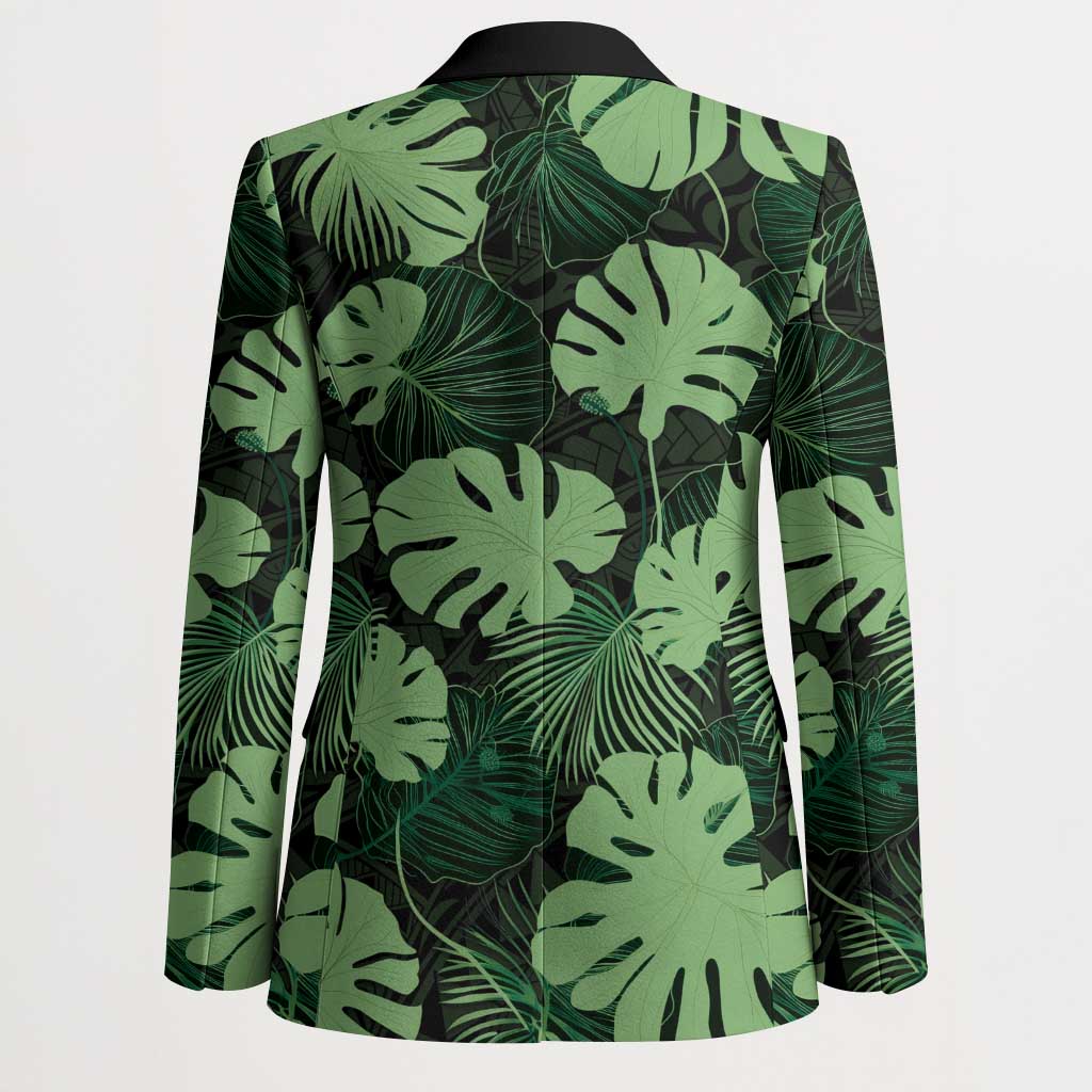 Green Hawaii Kukui Nut Lei Blazer Hawaiian Pattern Monstera Tropical Vibes - Polynesian Pride