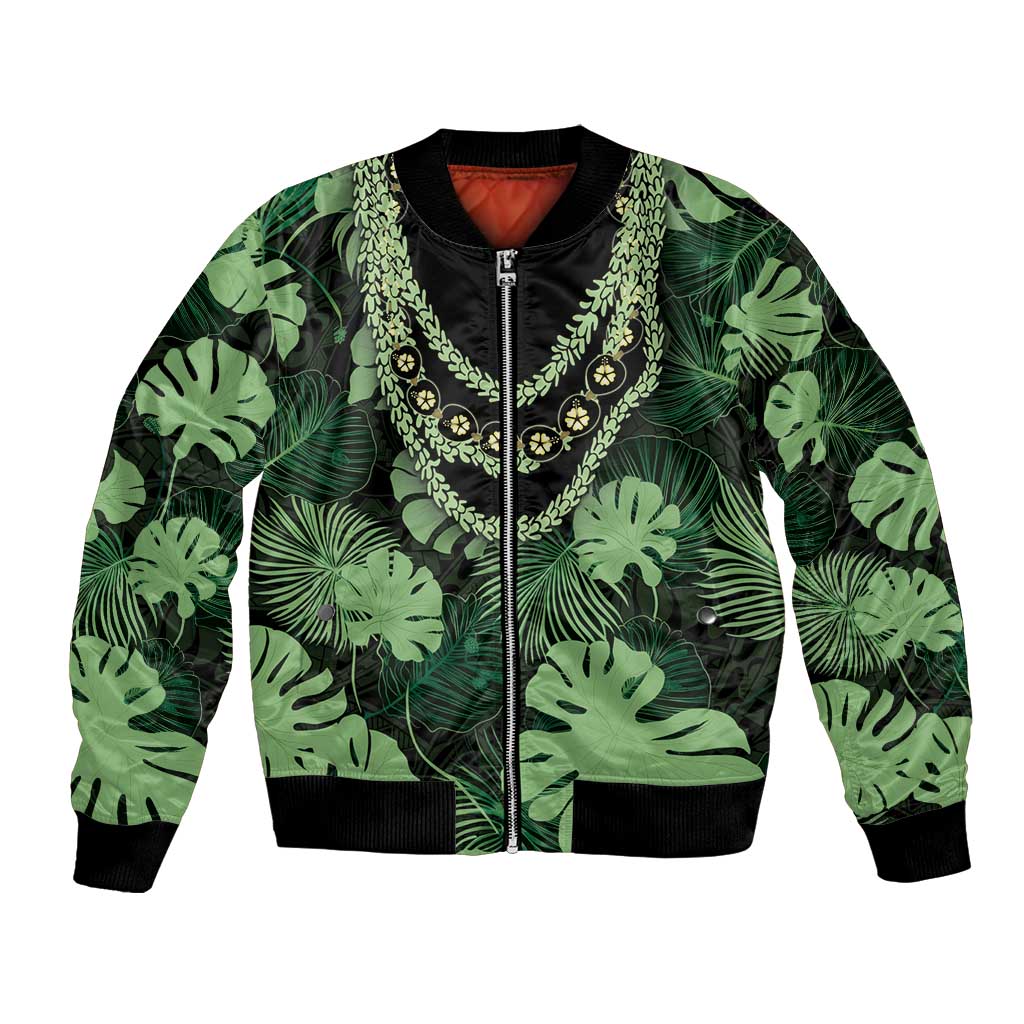 Green Hawaii Kukui Nut Lei Bomber Jacket Hawaiian Pattern Monstera Tropical Vibes - Polynesian Pride
