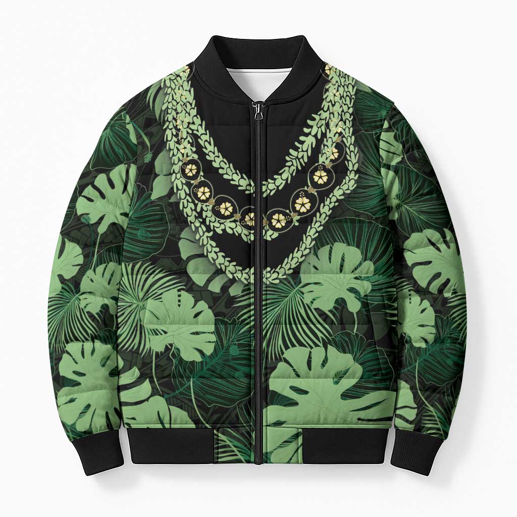 Green Hawaii Kukui Nut Lei Bomber Puffer Jacket Hawaiian Pattern Monstera Tropical Vibes - Polynesian Pride