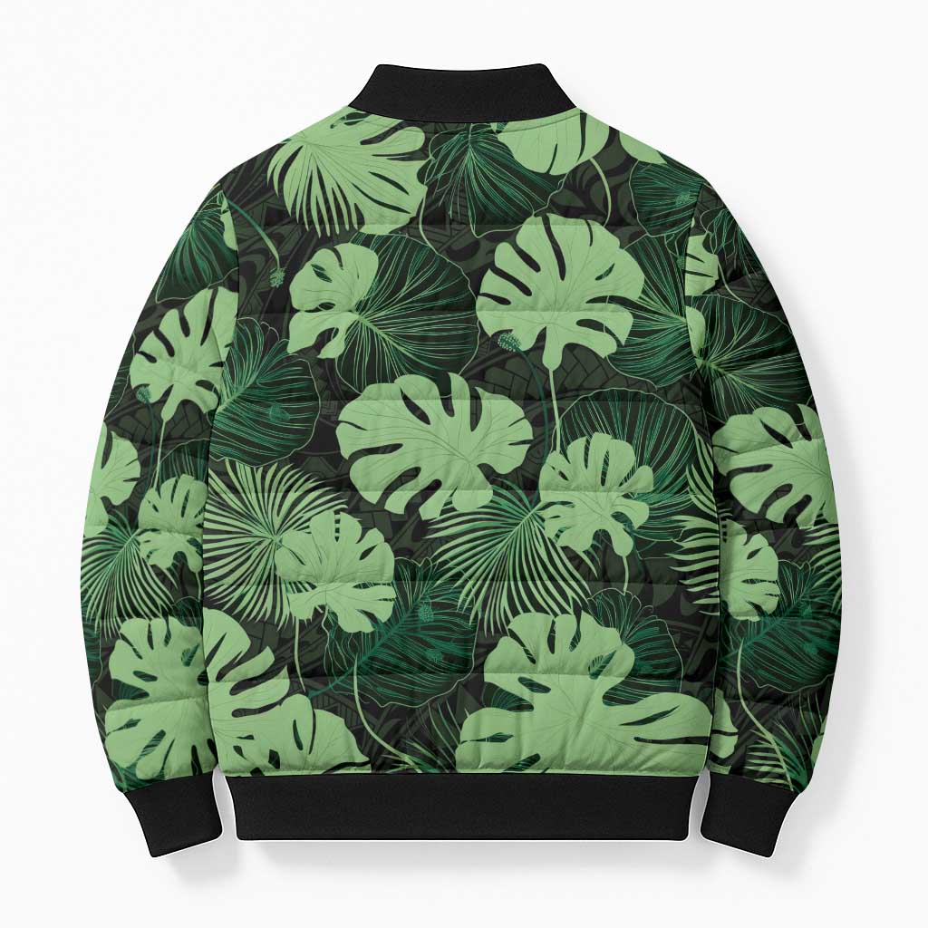 Green Hawaii Kukui Nut Lei Bomber Puffer Jacket Hawaiian Pattern Monstera Tropical Vibes - Polynesian Pride