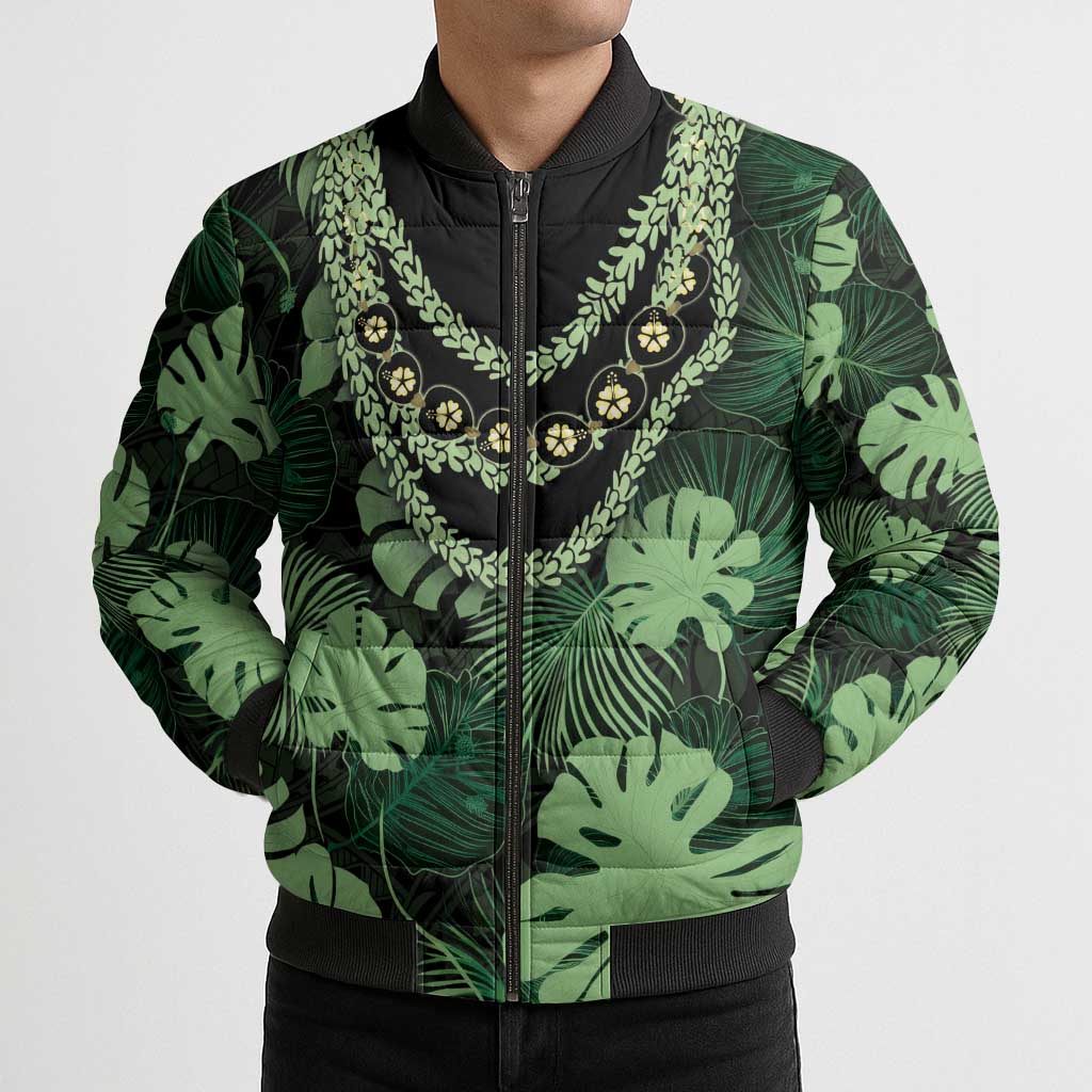 Green Hawaii Kukui Nut Lei Bomber Puffer Jacket Hawaiian Pattern Monstera Tropical Vibes - Polynesian Pride