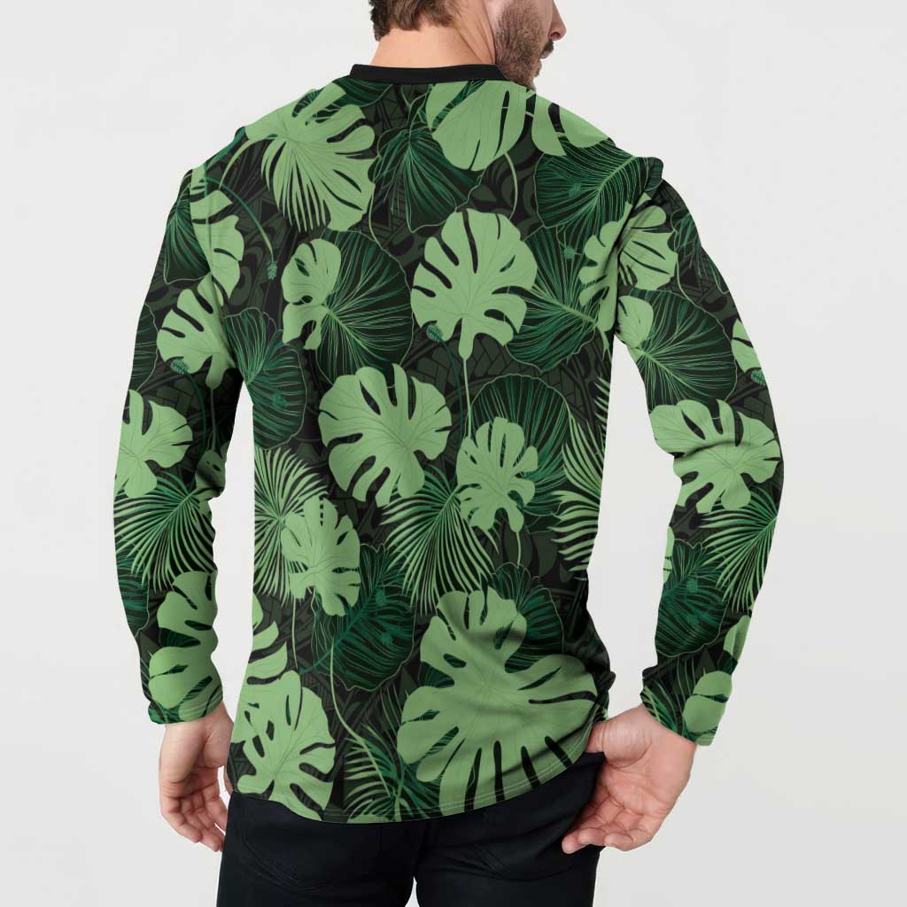 Green Hawaii Kukui Nut Lei Button Sweatshirt Hawaiian Pattern Monstera Tropical Vibes - Polynesian Pride