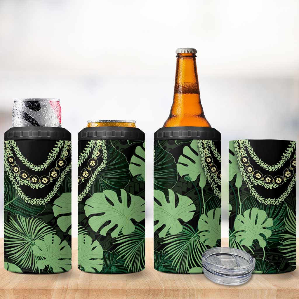 Green Hawaii Kukui Nut Lei 4 in 1 Can Cooler Tumbler Hawaiian Pattern Monstera Tropical Vibes - Polynesian Pride