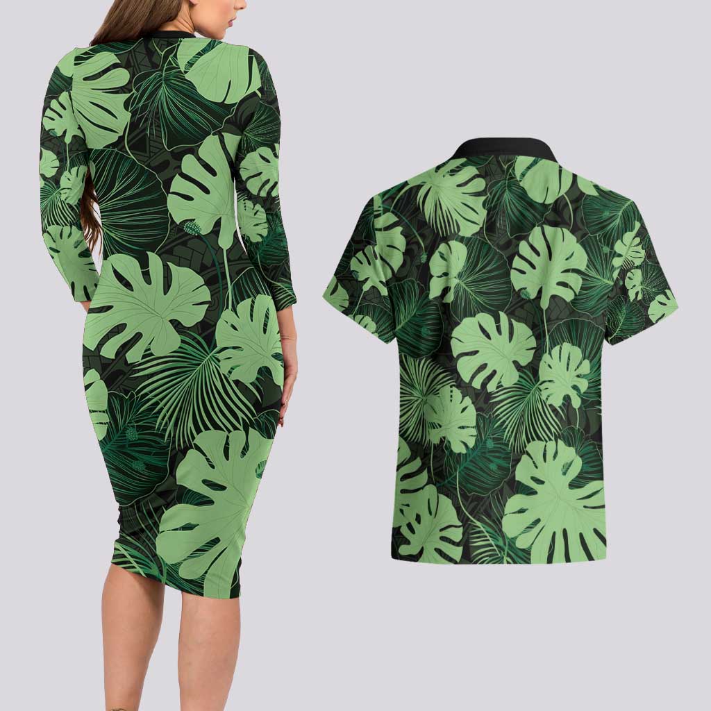 Green Hawaii Kukui Nut Lei Couples Matching Long Sleeve Bodycon Dress and Hawaiian Shirt Hawaiian Pattern Monstera Tropical Vibes - Polynesian Pride