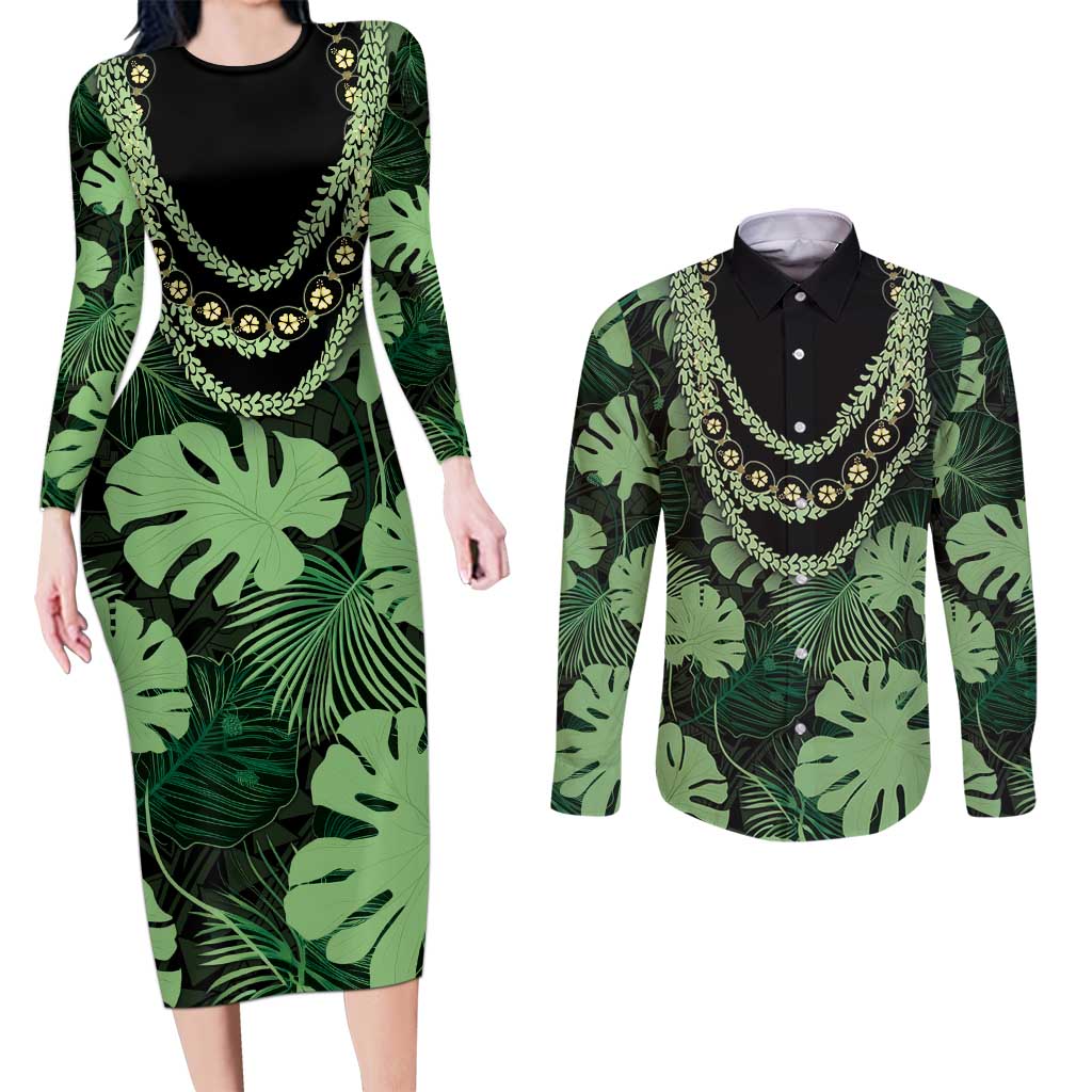 Green Hawaii Kukui Nut Lei Couples Matching Long Sleeve Bodycon Dress and Long Sleeve Button Shirt Hawaiian Pattern Monstera Tropical Vibes - Polynesian Pride